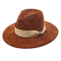 Brown chenille knit fedora hat with champagne satin ribbon and sparkling rhinestone buckle - M (56-58cm) / Caramel color