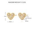 Detailed size chart showing 8x7mm 18k gold plated heart studs with AAA+ zircon - Gold