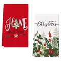 Set of red and white Christmas kitchen towels with festive Home and Merry text - Home Sweet Home Quote Style (MJBT66-32) / 2 Pieces/Pack (40*60cm) / Red and White