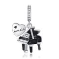 Detailed view of silver music charm with heart tag and black piano pendant for bracelets - Music Black Piano