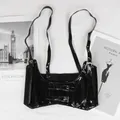Women's black patent leather corset vest with adjustable silver metal buckles - Patent Leather Black (70cm)