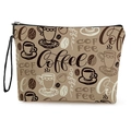 Canvas makeup bag with vintage coffee print, zip closure, and black hand strap - Multiple Coffee Icons