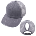 Distressed grey ponytail baseball cap with breathable mesh and adjustable velcro strap - Adjustable / Light Gray