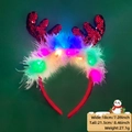 Diadema de Navidad LED con astas de reno de lentejuelas rojas y plumas de colores - Cuernos de Reno de Escamas Rojas (Con Luces + Pluma)