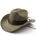 Olive green suede cowboy hat with woven leather band and turquoise studs on white background - Army Green