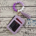 Purple faux leather card holder wallet with silicone bead keychain and tassel charm - Purple