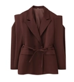Detail of tailored brown blazer featuring unique cutout shoulder design and matching waist tie - Dark Brown