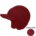 Macro detail showing thick fleece lining and knit texture of burgundy winter earflap hat - With Brim Style-Fleece Lined / Burgundy