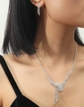 Silver water drop fringe necklace and earring set with shimmering white rhinestones - Evening Tassel Earring Necklace Set (DTN14026244S)