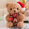 Brown Christmas teddy bear plush toy with red hat and green knitted scarf on soft background - 23CM / Red Scarf & Christmas Hat