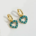 Close-up of heart enamel earrings with colorful zircon stones and golden hoops - Navy Blue