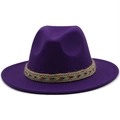 Detail of deep purple wool fedora hat featuring colorful bohemian woven band and brim - Deep purple