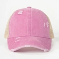 Front view of pink distressed cotton baseball mesh cap with vintage torn hole detail - One Size / Pink