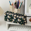 Black canvas cosmetic bag with daisy embroidery and zipper closure for travel storage - Black Rectangular Pencil Case
