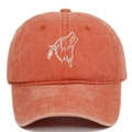 Detail of embroidered wolf head on vintage washed orange-red cotton baseball cap - Adjustable / Orange Red