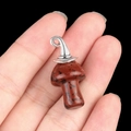 Handheld red spotted stone mushroom pendant with silver metal ring accessory - Gun Black Cap / Mahogany Obsidian