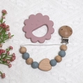 Baby pacifier clip with purple lion silicone teether and natural beech wood beads - Lion Teether + Beaded Chain / Grey Blue