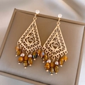 Golden hollow triangle earrings with tiger eye beads and pearls in a vintage style - 43# Silver Earring Post-Gold & Brown-Rhombus