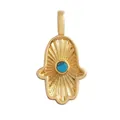 Gold Hamsa Hand pendant with a turquoise stone center and engraved radial patterns - Gold Turquoise Hamsa Hand