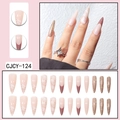 Long stiletto press-on nails featuring pink marble patterns and glitter French tips - Gold Glitter Dark French Style (CJCY-124)