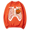 Orange Halloween sweatshirt featuring a white rib cage and pumpkin lantern graphic print - S / Tops / Orange (Halloween Skeleton Pumpkin)
