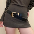 Ceinture rétro en cuir noir pour femme avec une boucle carrée dorée classique - 96# ai-Boucle carrée or bleu