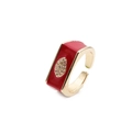 Bague ajustable dorée avec émail rouge et zircon incrusté vue sous un angle de 45 degrés - Ouvert Réglable / Rouge