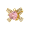 Elegant gold bow pendant with a heart-shaped pink crystal and pavé zircon accents - Gold Pink Zirconia
