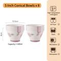 Set of 8 ceramic 5-inch conical bowls with purple floral pattern and 420ml capacity - Set of 8 Bowls