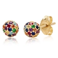 Sparkling gold ball stud earrings featuring colorful pavé crystals on a white background - Multi-color (Gold)