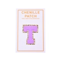 Macro detail of purple chenille letter T patch with gold glitter edge and peel adhesive - Letter T / Purple