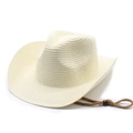 Détail d'un chapeau de cowboy en paille avec tissage beige et jugulaire réglable marron - M(56-58cm) / Crème Uni