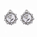 Vintage silver rose flower pendant with white enamel, pearls, and crystals for DIY necklaces - Enamel Rose