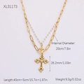 Collier double couche doré avec perles, pendentifs en croix et détails de taille - Perle Superposé Double Croix (XL31173)