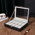 10-slot black leather watch box with clear glass lid and elegant gray velvet lining - 10-Slot Watch Box Black/Grey Interior