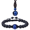 Detail view of blue tiger eye and black lava stone necklace and bracelet jewelry set - Dark Blue Tiger Eye Set