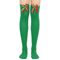 Detail of green Christmas over-the-knee socks with red ribbon bow on a model - One Size / Red Green Bowknot Decor / Green