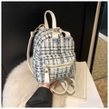Close-up of black and white checkered tweed backpack with gold hardware and white leather - White