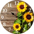 Vintage ronde houten wandklok met gele zonnebloemen en witte Arabische cijfers - 30cm / Houtnerf Zonnebloem