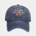 Detail of colorful ALL MY DIABETES SHIT text on washed navy cotton baseball cap - Adjustable / Navy Blue