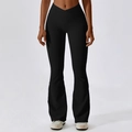 Pantalones de yoga acampanados negros con cintura cruzada en V y tejido de canalé fino - S / Negro Premium