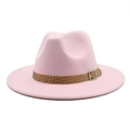 Detail of pink wool fedora hat featuring a brown leather woven belt with silver buckle - M (56-58cm) / Pink
