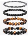 Tiger eye and hematite 6mm beaded bracelet set for men and women stacked on white - 4Pcs Mixed Sizes Hematite+Tiger Eye Set