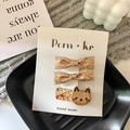 Golden sequin bow hair clips set with cute brown cat charm and glitter rectangle clip - Bow + Cat Head