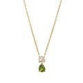 Titanium gold necklace featuring a round white zircon and green pear-shaped birthstone - August Olive Green
