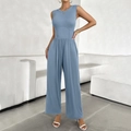 Women's blue sleeveless wide leg jumpsuit with belted waist for summer fashion look - S / Grey Blue