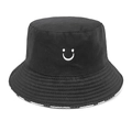 Detail of black bucket hat with white spray-paint smile embroidery and stitched brim - M (56-58cm) / Cow Pattern (Reversible)