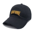 Detail of vintage black cotton baseball cap featuring yellow NATURE embroidery and distressed brim - M (56-58cm) / Black 2 (Yellow Embroidery)