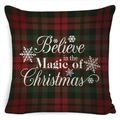Red and green plaid Christmas pillow cover with Believe in the Magic text print - A-6