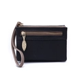 Detalle de billetera negra de piel con ribete beige y cremallera en forma de hoja - Negro